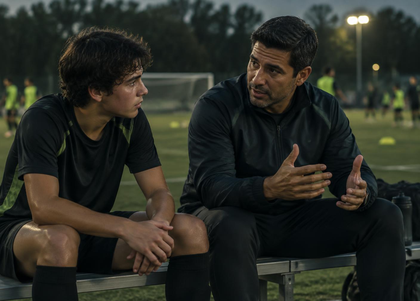 Coach guiding a young soccer athlete