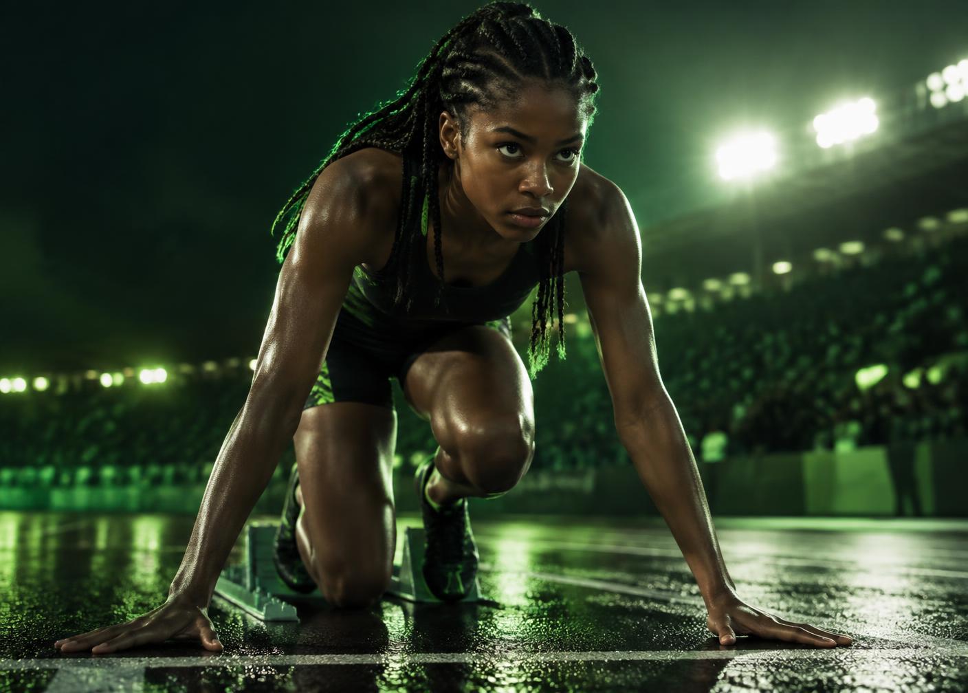 Teenage track athlete focused at the starting blocks